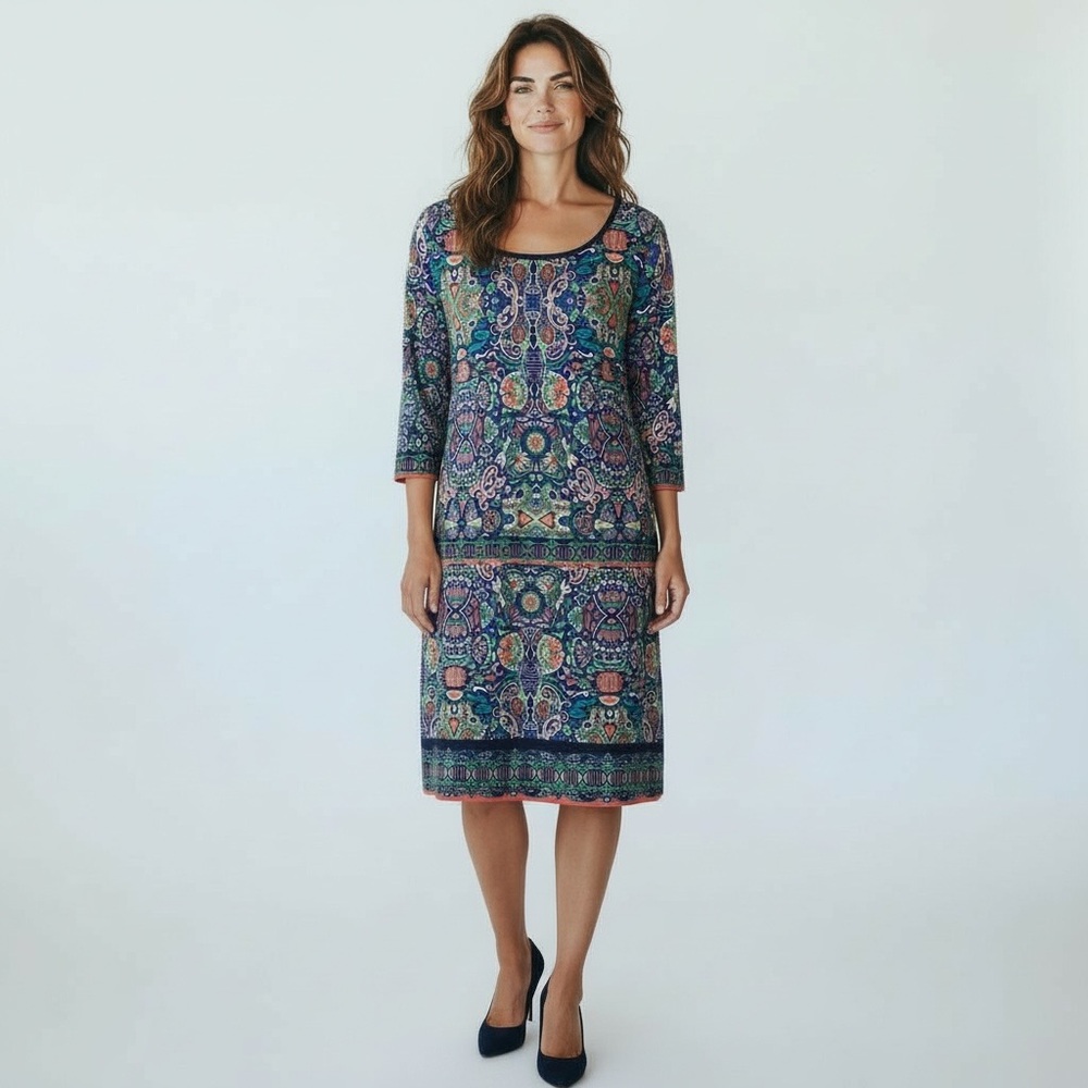 Laundry By Shelli Segal Navy Blue and Multicolour Print Sheath  size Large - Picture 3 of 13